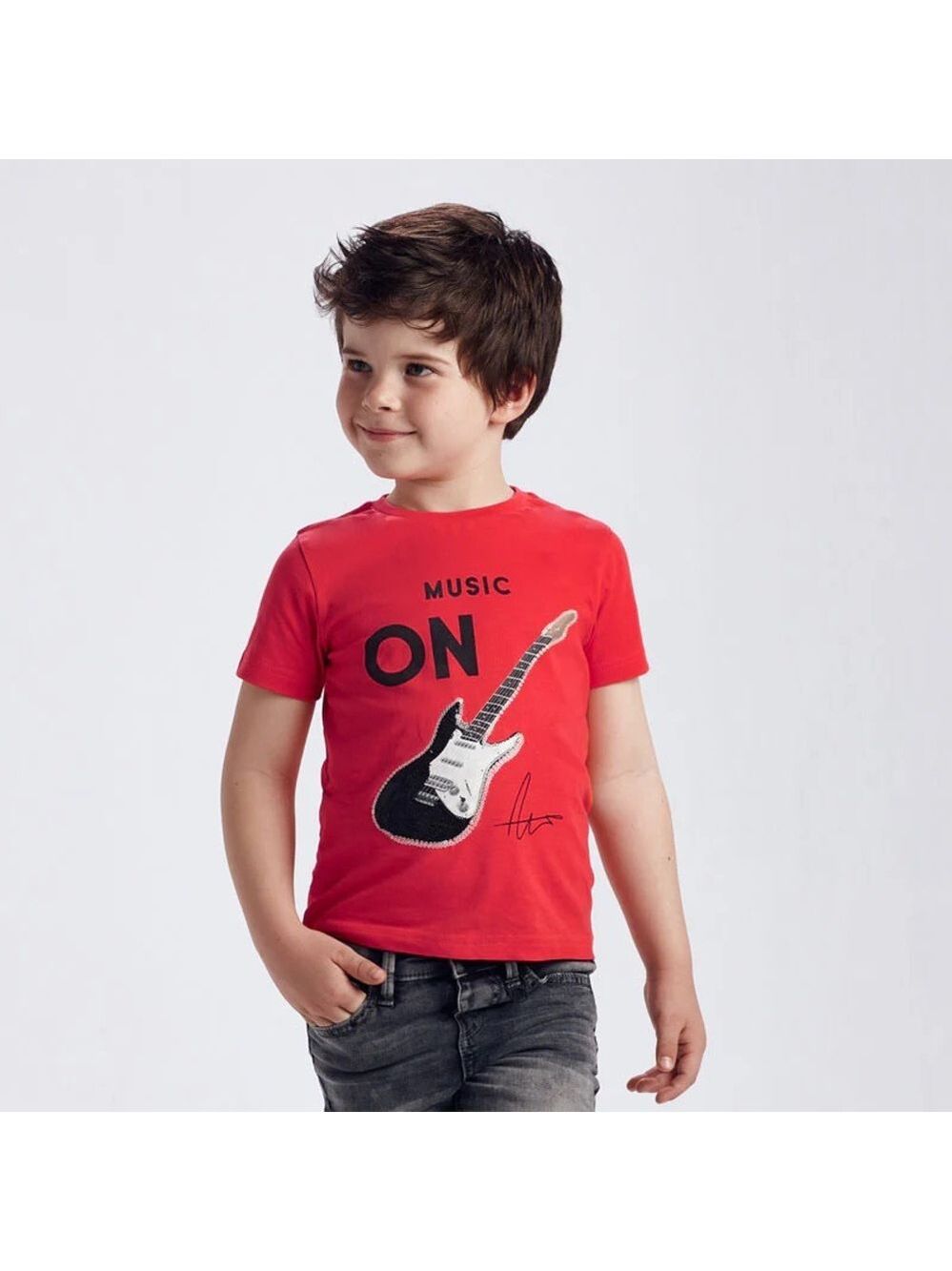 Size 3 Boys Mayoral Red Short Sleeve Tee with Guitar Sequin Accent